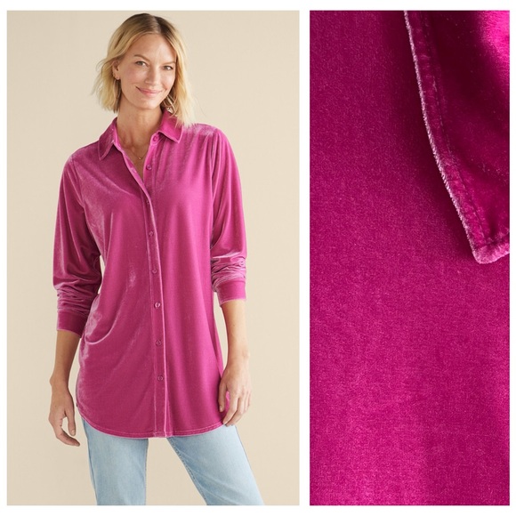 Soft Surroundings Tops - Soft Surroundings Pink Berry Velvet Boyfriend Tunic Shirt M